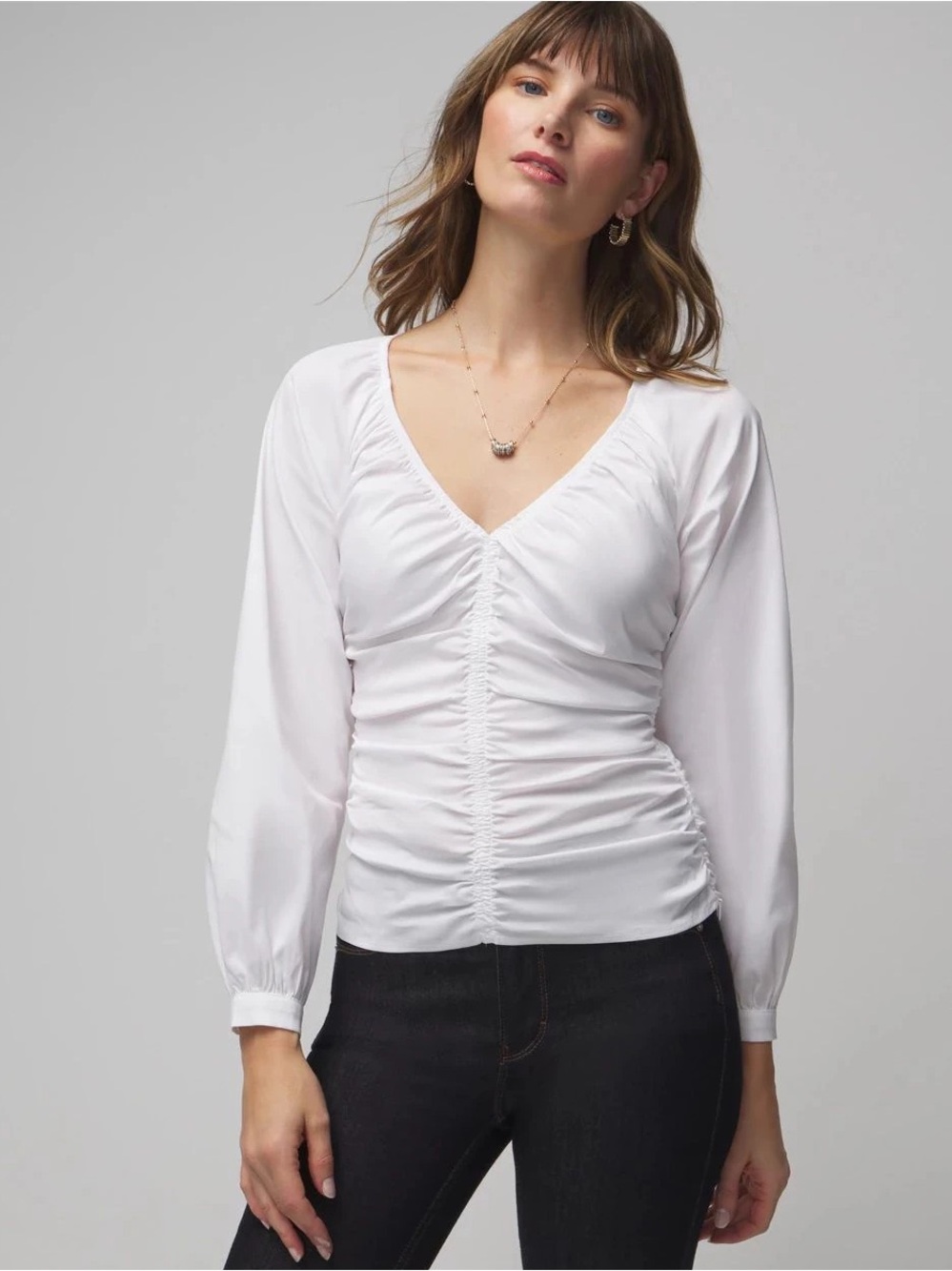 White House Black Market White Ruched V-Neck Long Sleeve Blouse